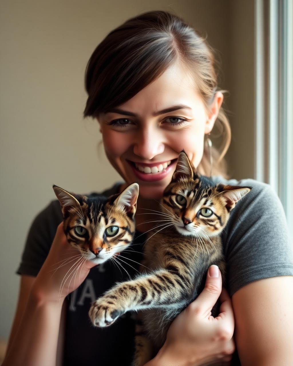 Mulher sorrindo com dois gatos adotados no colo