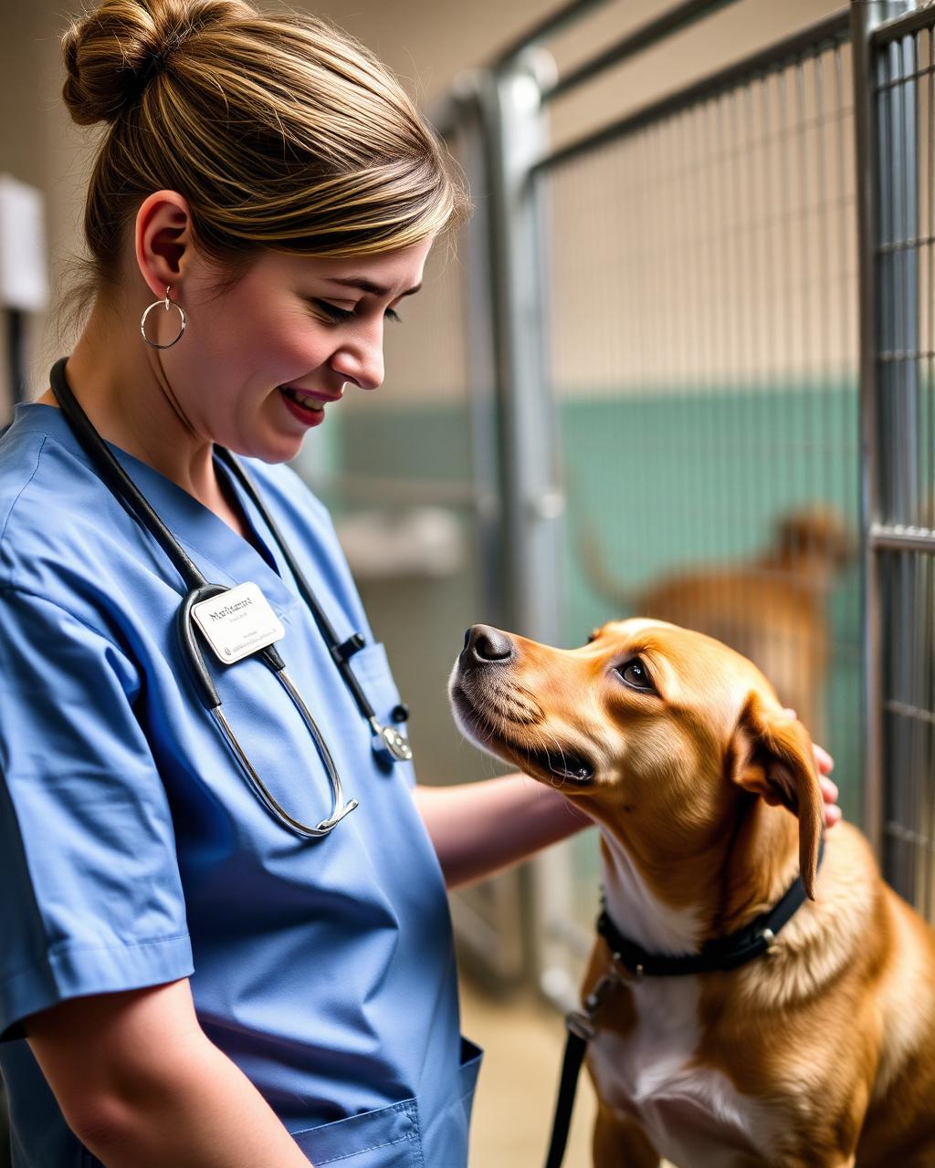 Veterinária acariciando cachorro em abrigo